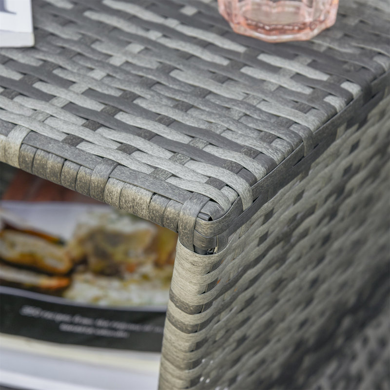 Table d'appoint en osier de rotin avec trou pour parasol, tablette de rangement à 2 niveaux pour l'extérieur et l'intérieur
