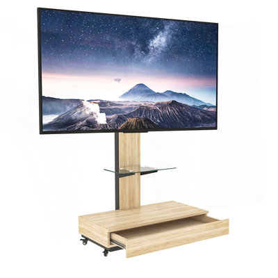 TV Stand With Push-Pull Drawer For Living Room, Bedroom,Offices,Adjustable Height Mobile TV Cart For 32-75 Inches,Wood &Glass TV Stand With Wheels