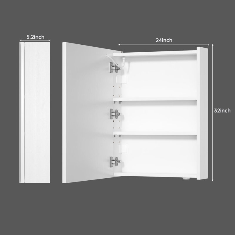  Armoire à pharmacie lumineuse sans cadre à fixation en surface avec miroir et 2 tablettes, H 32 po x l 24 po x P 5,2 po