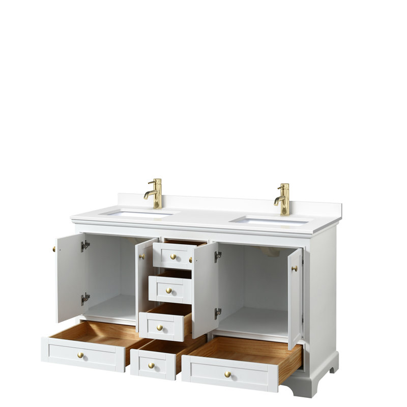 Deborah 60" White and Gold Double Bathroom Vanity with Marble Top
