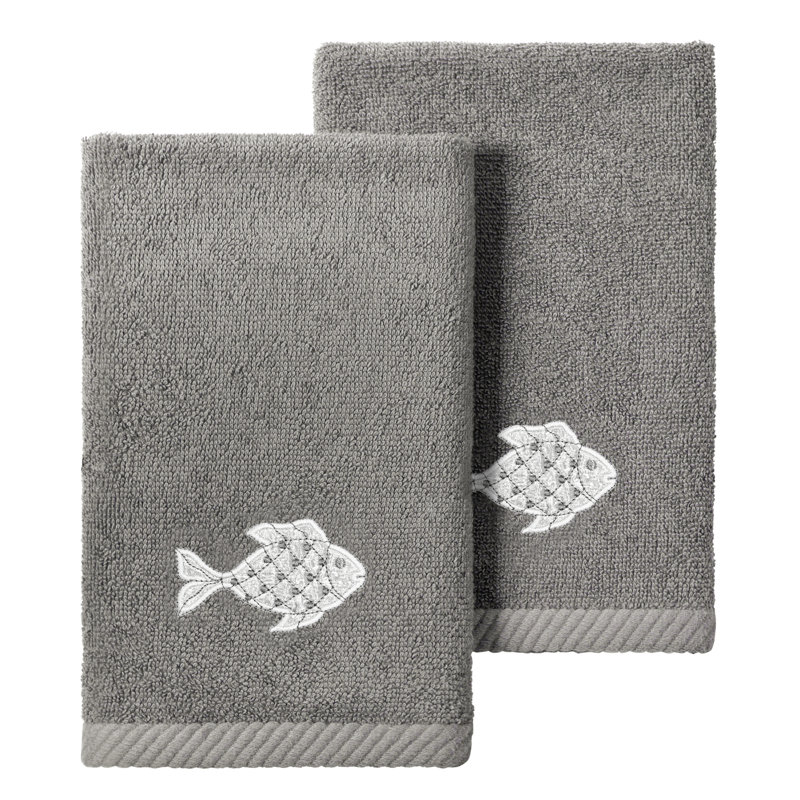 Charcoal Turkish Cotton Embroidered Fish Fingertip Towel Set