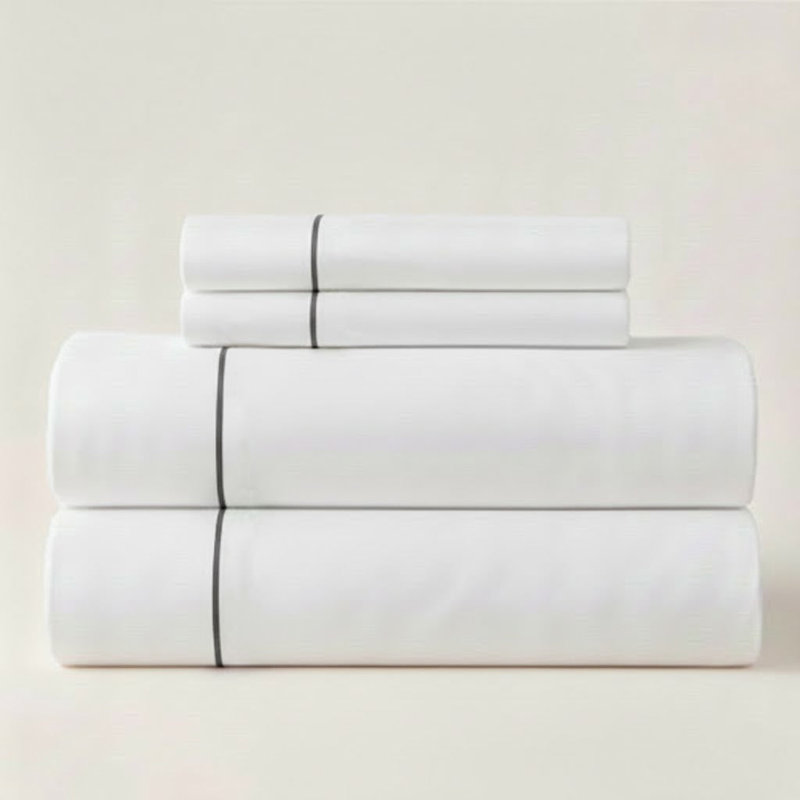 400TC Single Embroidery Sateen Solid Cotton 4 Piece Sheet Set Fitted Sheet Fits Upto 16" Deep Pocket, White/Dark Gray