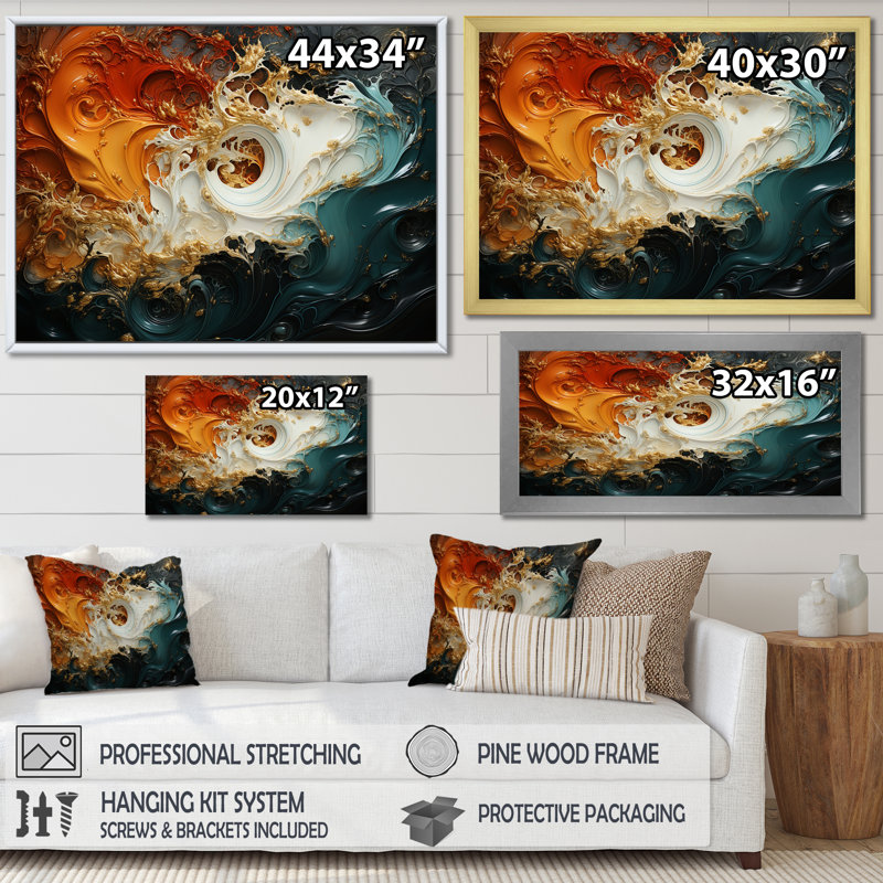 Tempête blanche blanche, bleue et orange - Peinture abstraite, art mural, H 12 po x l 20 po x P 1 po