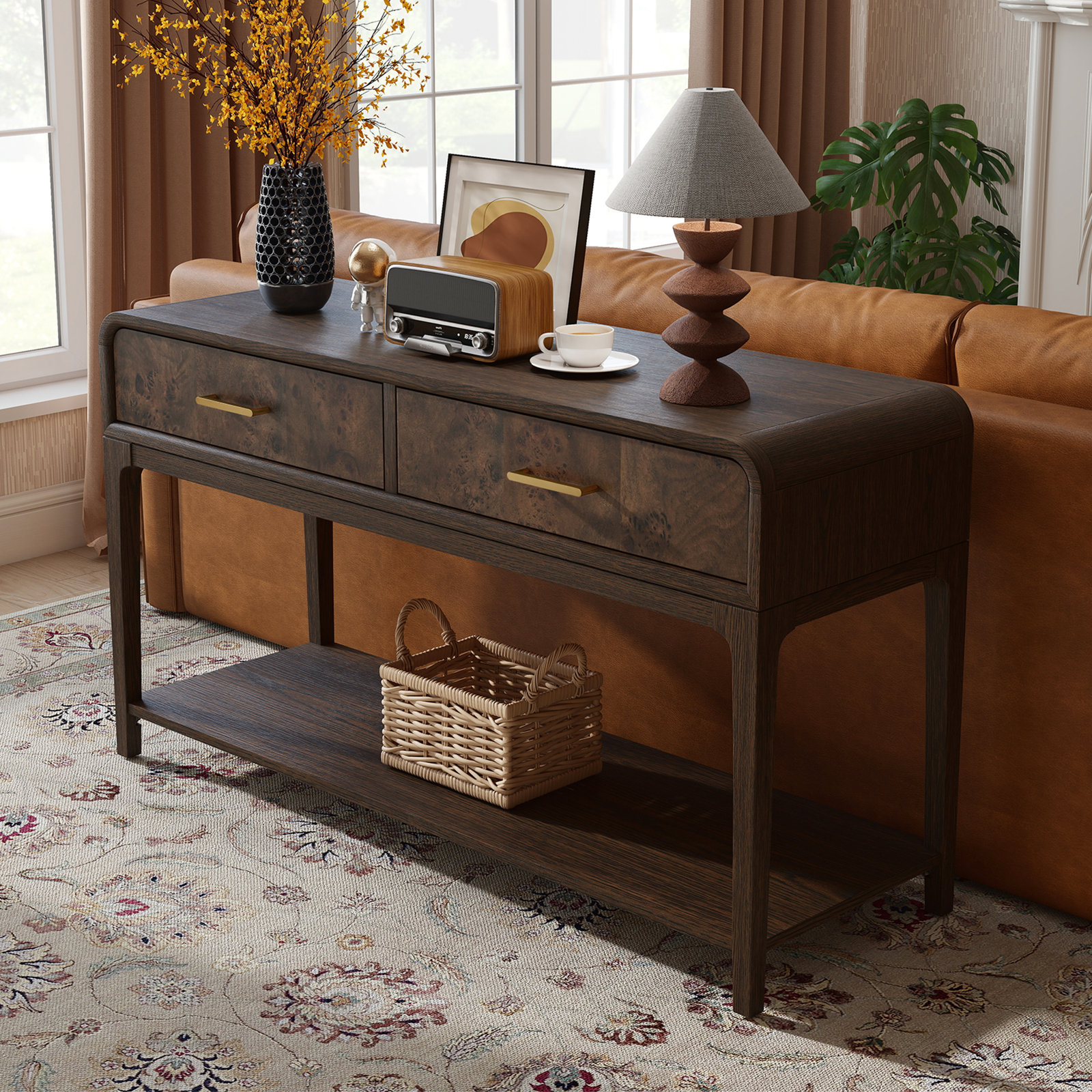 Adden Burl Wood Storage Console Table, Coffee Oak
