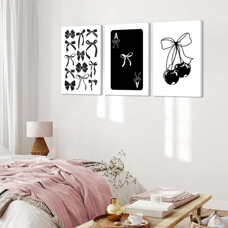 3Pcs Fashion Black Bow Canvas Wall Art Funky Aesthetic Cherry Poker Picture Painting Trendy Preppy Aesthetic Wall Decor Artwork For Room Dorm Apartment Bedroom Decorations