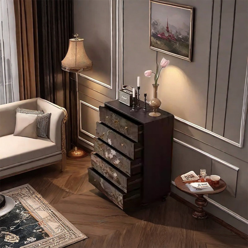 Armoire décorative à cinq tiroirs avec cadre en noyer