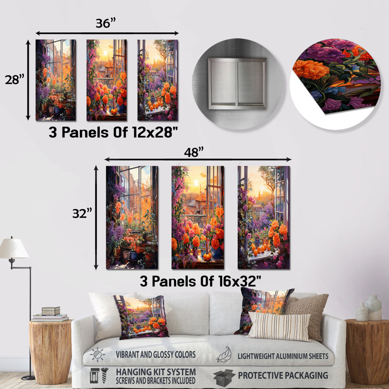 Sunset Florals Windows View In Italy II - Ensemble de 3 décorations murales en métal pour fenêtre, H 28 po x l 36 po