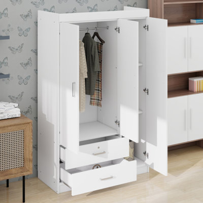 Grande armoire à 3 portes avec 2 tiroirs de rangement, armoire de rangement pour vêtements en bois