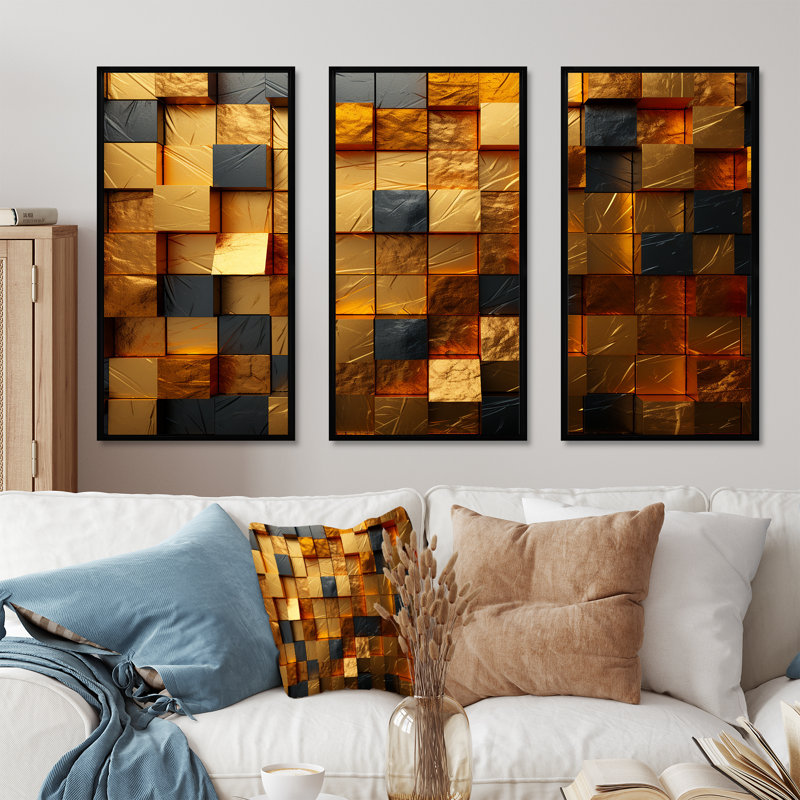 Cubes dorés abstraits géométriques IV - art mural géométrique, H 28 po x l 36 po x P 1 po, Cadre flottant noir
