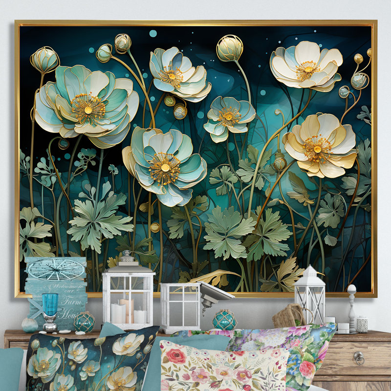 Ornements méticuleusement détaillés - Impression sur toile Buttercups, Cadre flottant doré, H 12 po x l 20 po x P 1 po