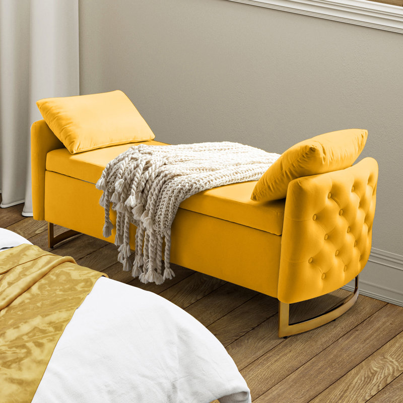 Ageet Modern Velvet Flip Top Storage Bench, Mustard