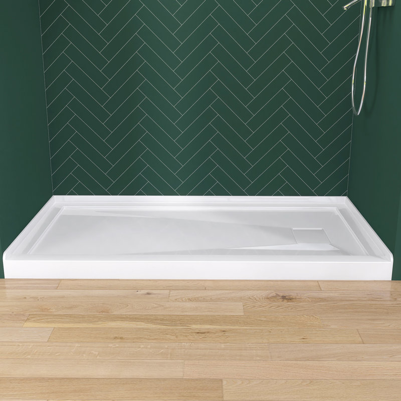 60" X 32" Single Threshold Shower Pan Base In White With Right Drain Assembly & Drain Cover Included