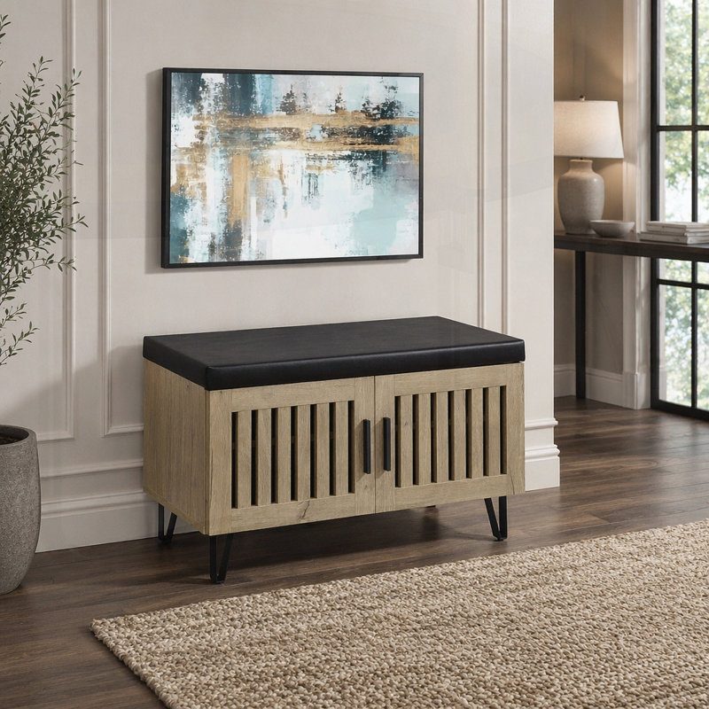 Banc de rangement à 2 portes avec siège rembourré et grand espace intérieur, parfait pour un décor moderne et fonctionnel
