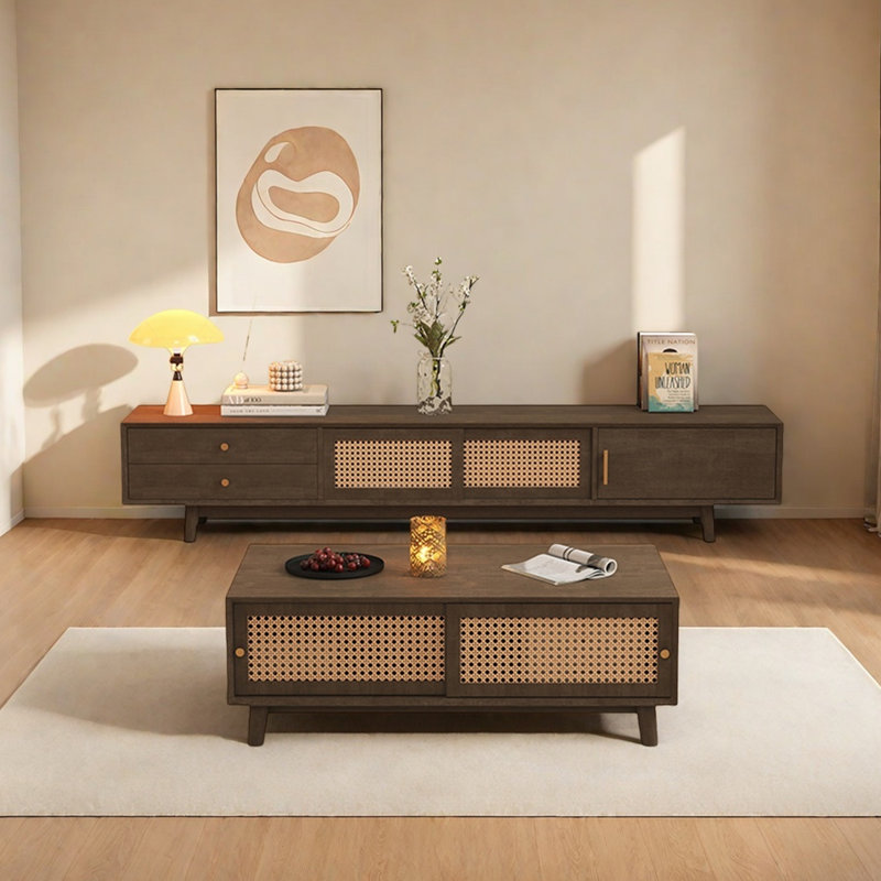 Rubberwood TV Stand & Coffee Table Set, Brown