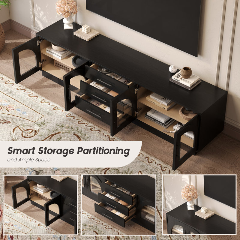 78.7" TV Stand With Arched Glass Doors And Shelves, Mid-century Modern TV Cabinet for TVs Up to 100"