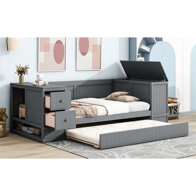 Twin Daybed With Drawer Storage, Trundle, Gray - Wood Build & Charging Seasonal Item Trundle Construction, Gray