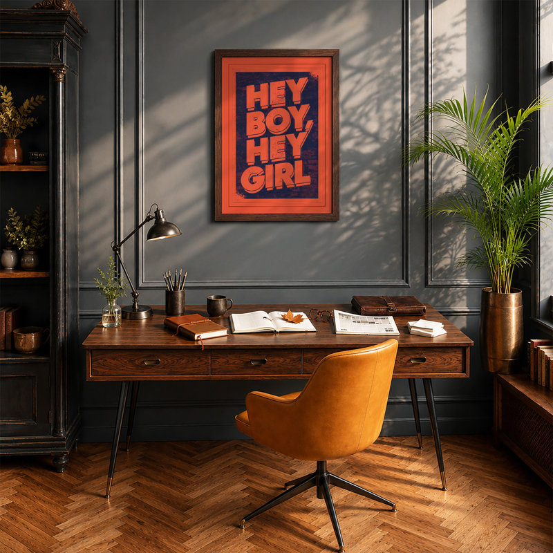 Hey Boy Hey Girl Typography - Framed Print, A2 - 59.4 x 42.0 cm, Walnut