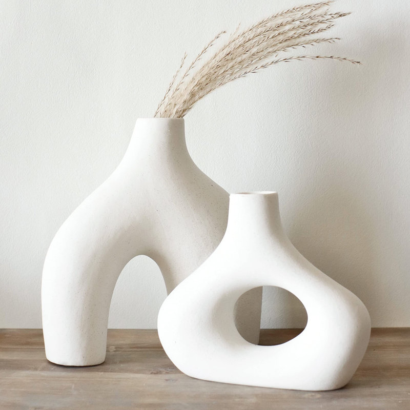 Minimalist Nordic style ceramic hollow decorative vase, Warm White