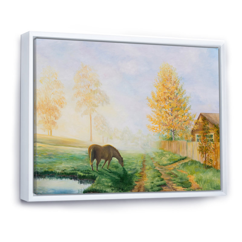 «Grazing Horse In Country Landscape», reproduction sur toile, Toile à cadre flottant blanc, H 16 po x l 32 po