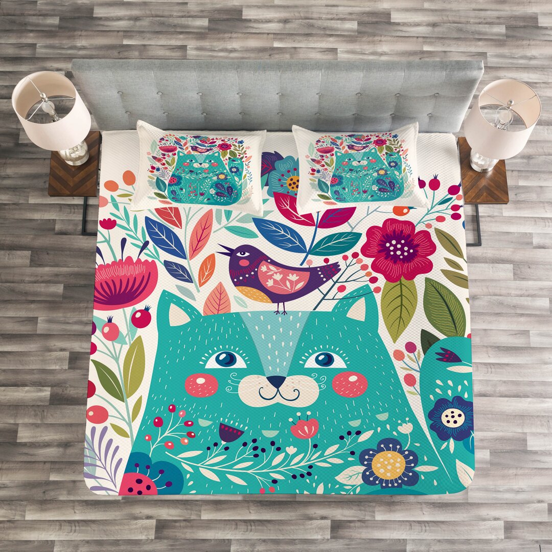 Gestepptes Bettdecken-Set, Kitty mit Blumen und Vogel, Katze, Seafoam Mehrfarbig