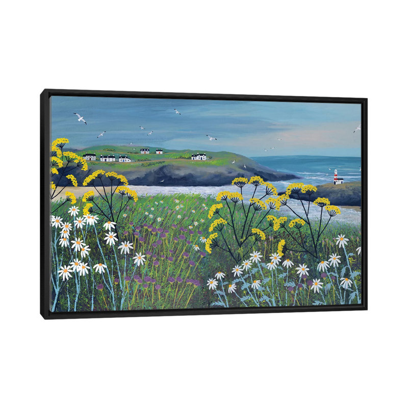 «Headland Cottage» par Jo Grundy - reproduction d'art, H 32 po x l 48 po x 1,5 po, Toile avec cadre noir, Pas de tapis