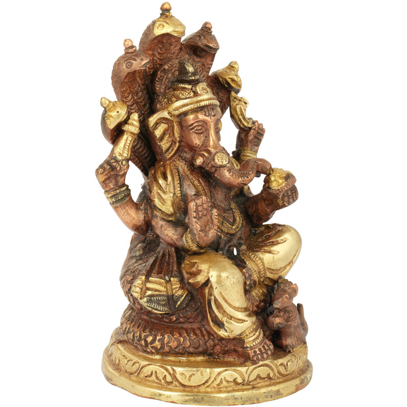Figurine Ganesha assise sur Sheshanaga, Brun / or