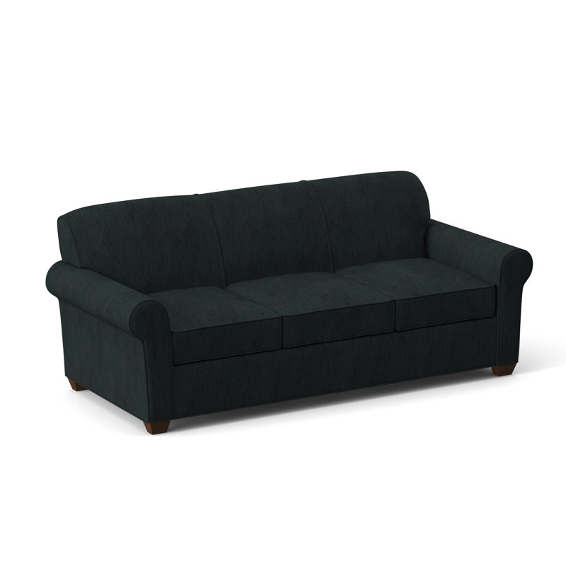 Finn Rolled Arm Sofa with Reversible Cushions, Cardigan Coal, Montana Walnut, 34" H x 83" W x 36" D