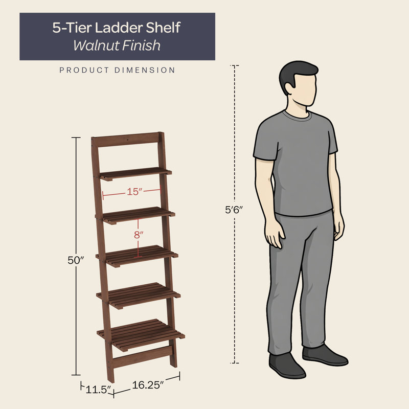 Lavish Home 16.25"L x 11.5"W x 50"H 5-Tier Ladder Style and Decorative Wooden Bookshelf (Walnut), Walnut