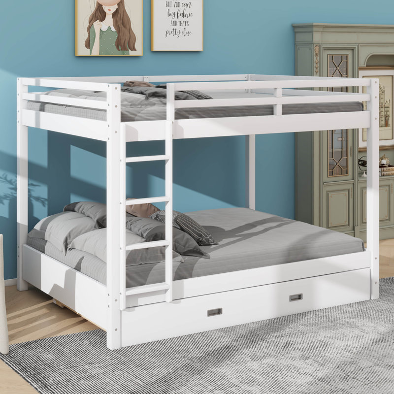 Lit superposé en bois avec échelle et lit gigogne Queen-Over-Queen, Blanc