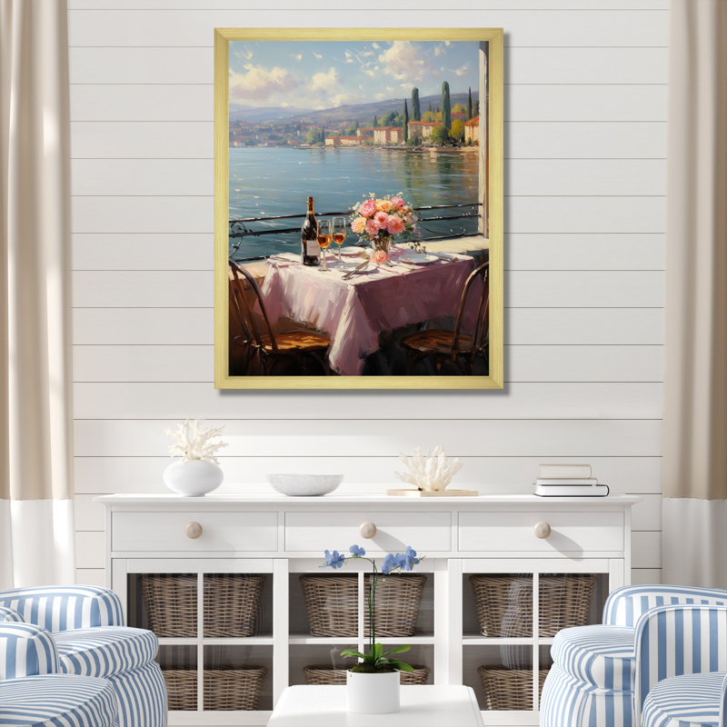 «Europeen Dinner By The Beach In France - Coastal Windows», art mural, Cadre doré simple, H 20 po x l 12 po x P 1 po