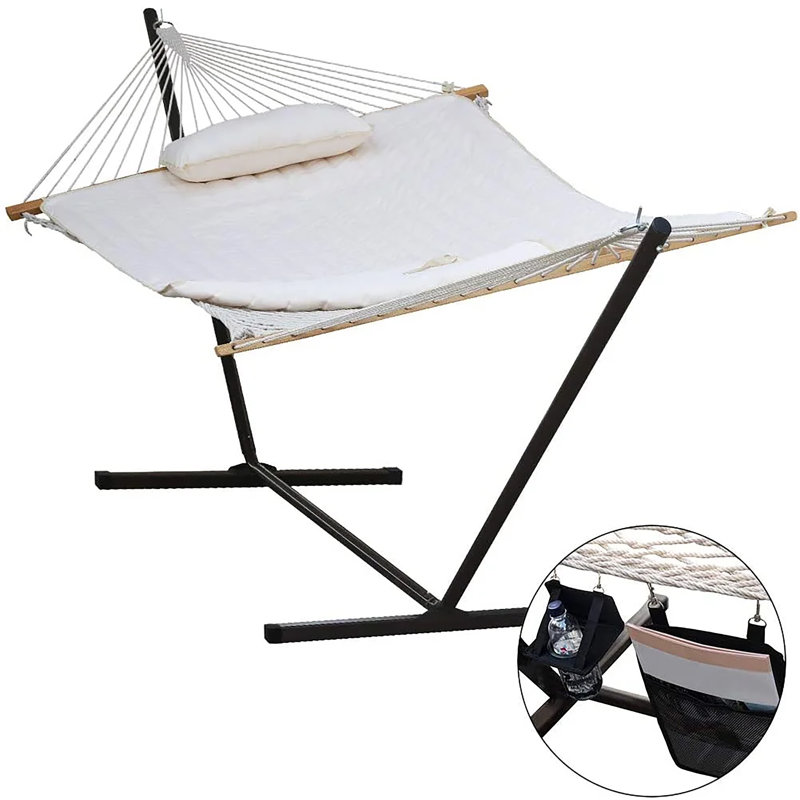  12 Feet Steel Hammock Stand With Cotton Rope Quilted Polyester Hammock Pad And Pillow Beige Stripe