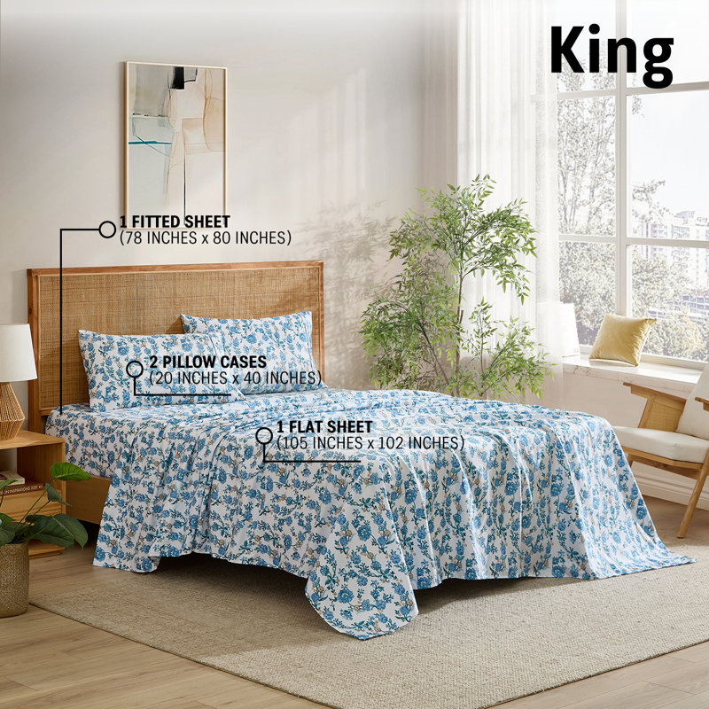 HLC.ME Ditsy Printed Floral Bed Sheets - 4 Piece Patterned Bed Sheet Set - Wrinkle Resistant &  Soft - Fits Mattresses Up To 15 Inches Deep (King, Blue)