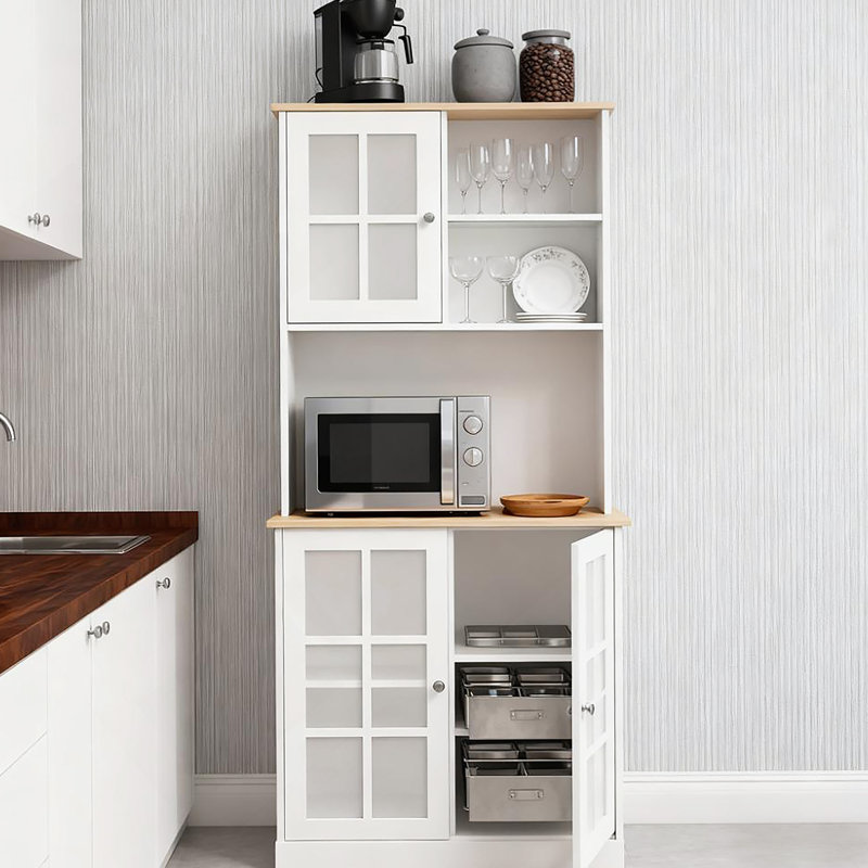 Freestanding Cabinet, Kitchen Pantry Storage Cabinet With Glass Doors And Adjustable Shelves For Dining Room, Oak/White