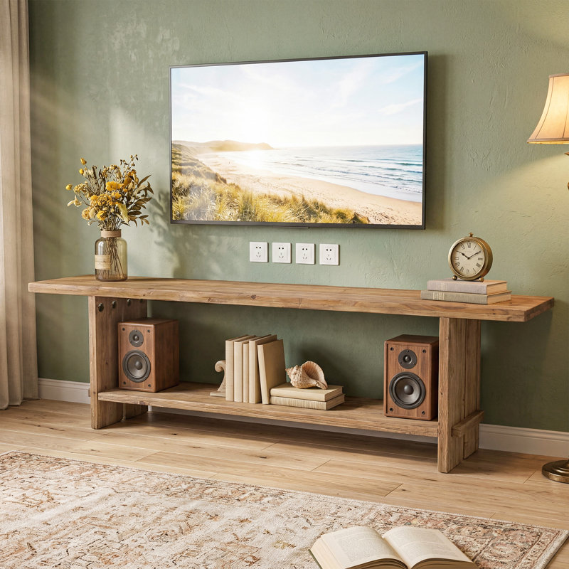 Solid Wood TV Stand for TVs up to 75", Farmhouse Entertainment Center with Storage Shelf, Natural Wood