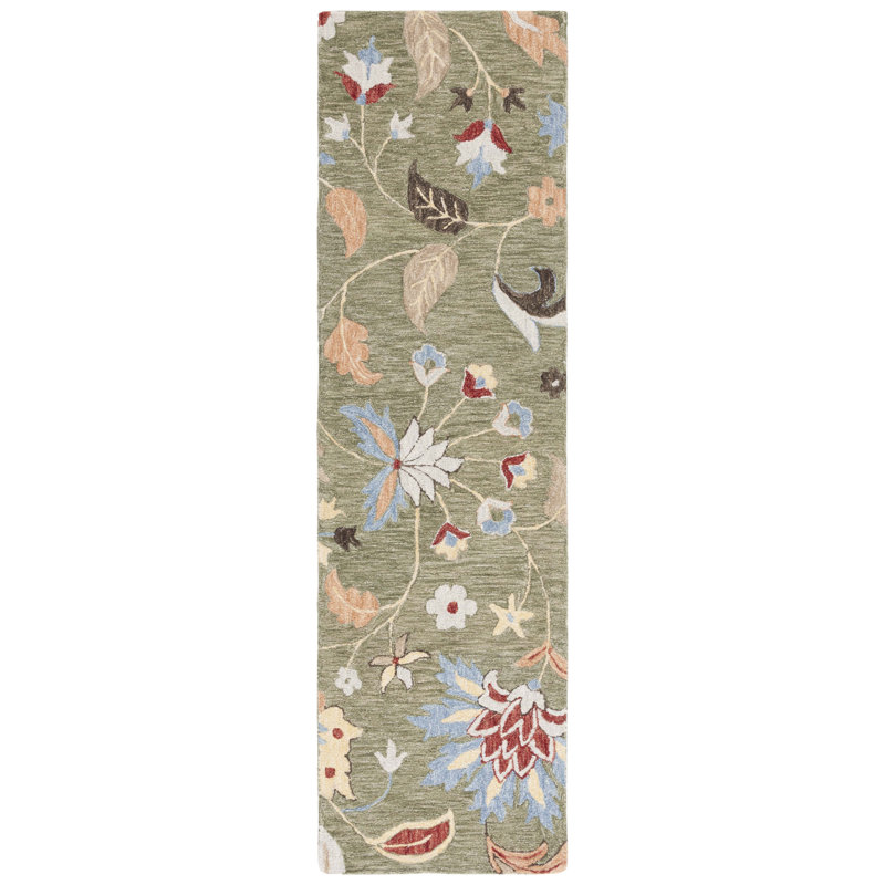 Tapis floral en coton touffeté à la main Jardin en vert / bleu, Tapis de couloir 2 pi 3 po x 8 pi