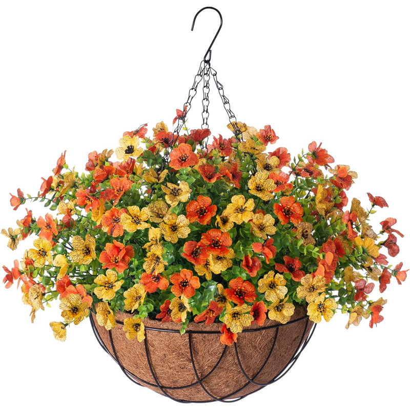 Artificial Flowers Hanging Basket, Orange/Yellow