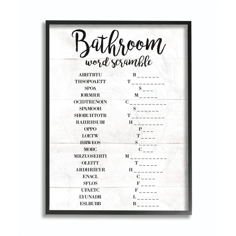 «Bathroom Word Scramble White and Black», impression, H 16 po x l 20 po x P 1,5 po, Giclée encadrée noir minuit