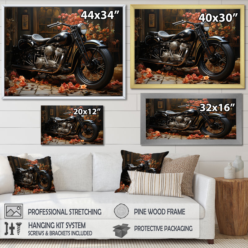 Noir mystère de la moto, H 12 po x l 20 po x P 1 po, Cadre doré simple