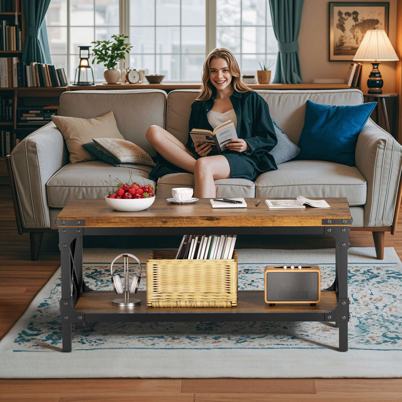 Rectangle Coffee Table, 2 Tier Industrial Coffee Table for Living Room, Wood Thickened Tabletop and Metal Frame, 31.5inch