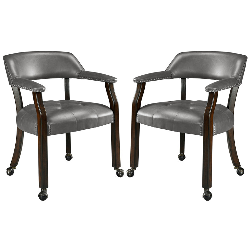  Wexford Collection Set of 2 Mid-Century Modern Upholstered Dining Chairs, Faux Leather Wood Accent Chairs with Arms and Casters for Dining Room, Kitchen or Office