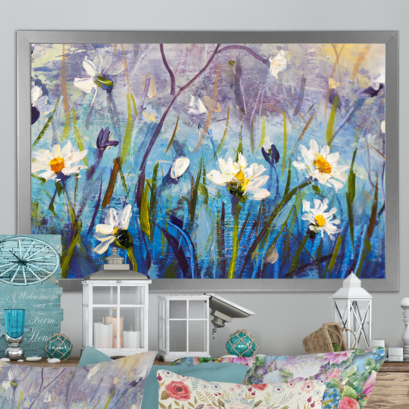 «Wild Flowers Blue Field», reproduction sur toile flottante, H 12 po x l 20 po x P 1 po, Cadre photo argenté
