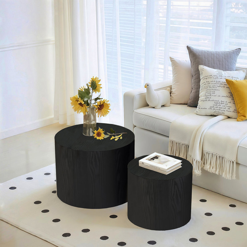 Ensemble de 2 tables basses gigognes, table basse ronde moderne avec pieds antidérapants, table d'appoint en bois pour salon, chambre à coucher, bureau, balcon, terrasse, petit espace, sans assemblage, noir mat