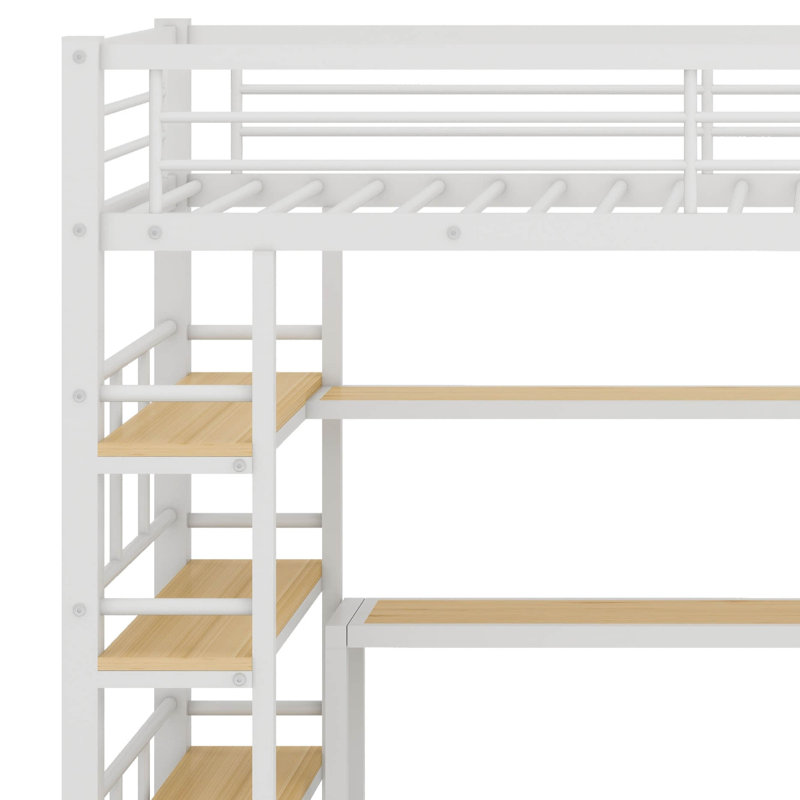 Lit mezzanine en métal avec escalier de rangement et tablettes à 4 niveaux, lit mezzanine simple avec bureau et bibliothèque