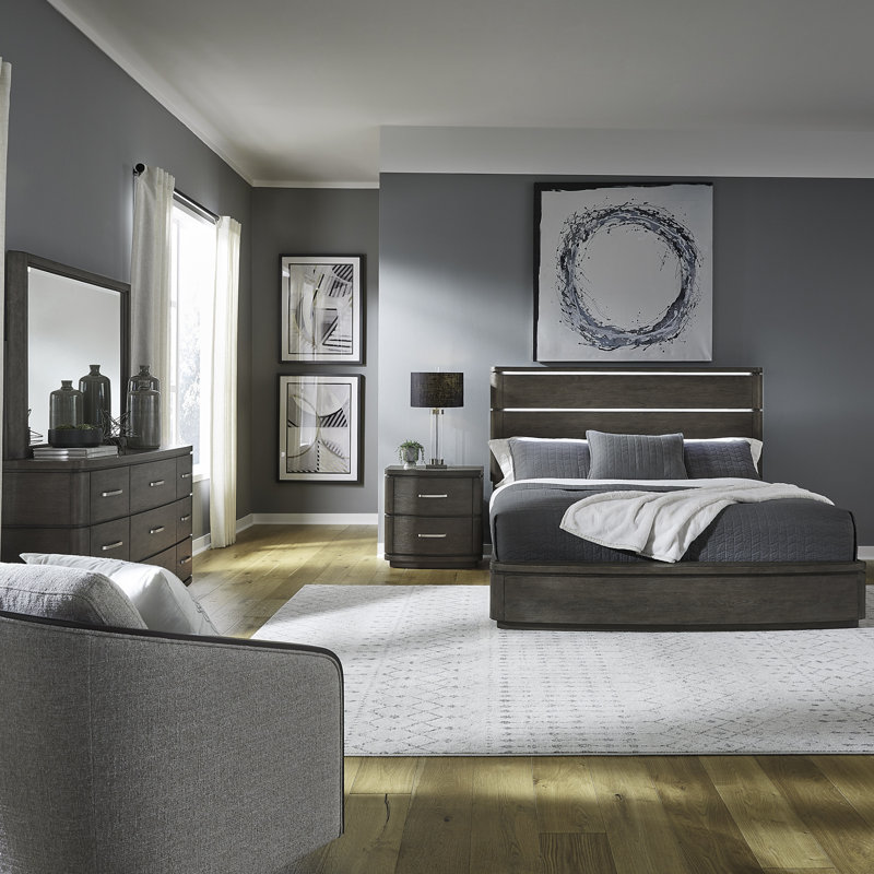 Ensemble de lit à panneaux, commode et miroir Trenea, ensemble de chambre à coucher avec éclairage DEL, King