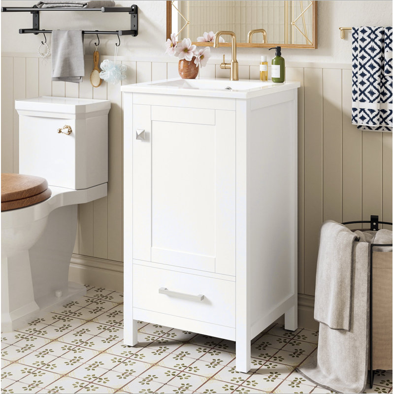 Meuble-lavabo moderne de 18 pouces avec lavabo en céramique, tiroirs à fermeture en douceur et organisateur de porte, tiroir de séparation et patins réglables en plastique - solution de rangement compacte pour les espaces étroits