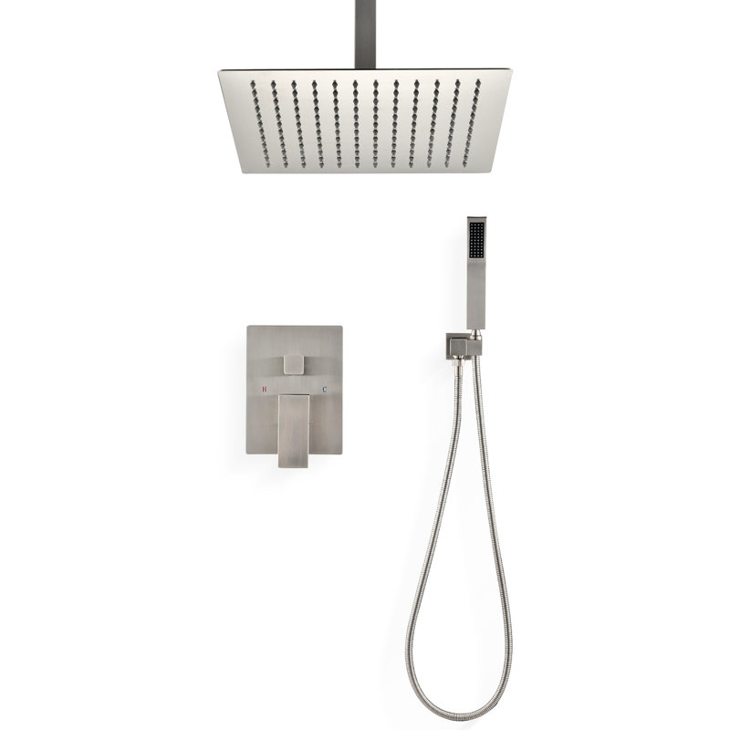 Ceiling Mounted Shower System In Brushed Nickel Style. 10" Head & Handheld. Natural Rainfall Simulation. Self-Cleaning Nozzle. For Bathroom. Brass. Mount Assembly Kit . Feeling. Bathroom . Brass