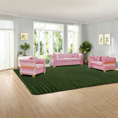 Ensemble de canapés modernes en velours rose 3 pièces avec garniture en métal doré pour la maison