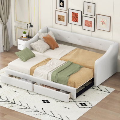 Twin XL Upholstered Daybed with Two Drawers, Perfect for Space-Saving and Comfortable Seating or Sleeping