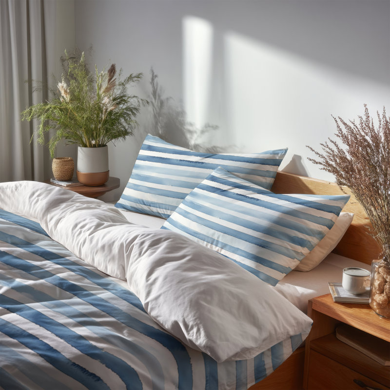 Ensemble de housse de couette rayée 3 pièces - Ensemble de literie et coussin décoratif moderne bleu et blanc
