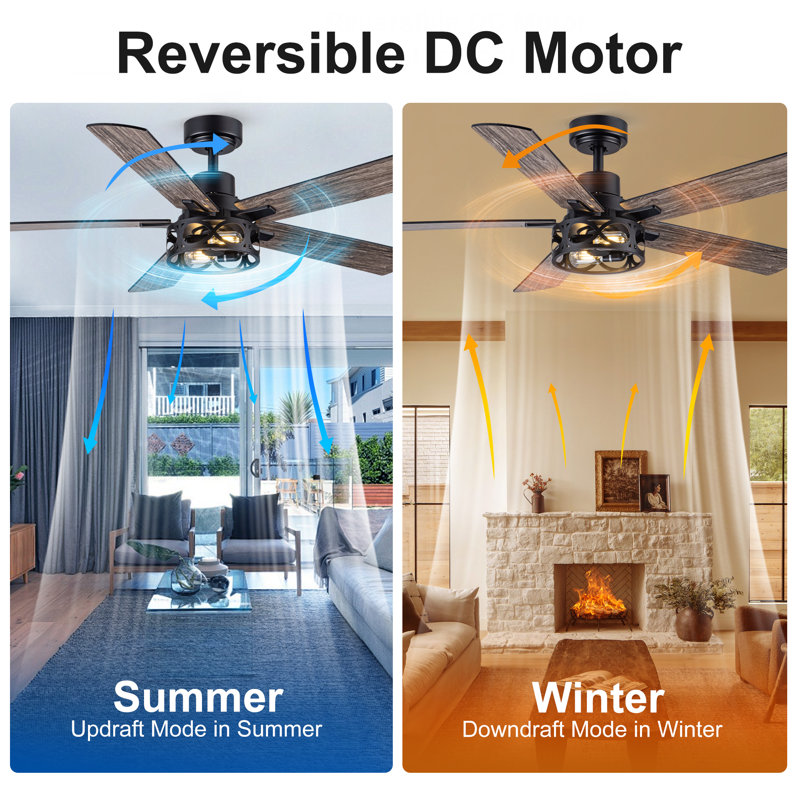 52 Inch 2 Lights Industrial Ceiling Fan Lights  Remote Control, Reversible 5 Blades Dark Grey Wood Grain with 6 Speeds, DC Quiet Motor for Dining Room, Bedroom.